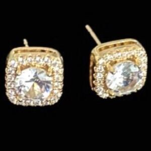 Fireframe Square Halo Earrings – .4” Gold Plated Brilliant Cut CZ Studs for Men